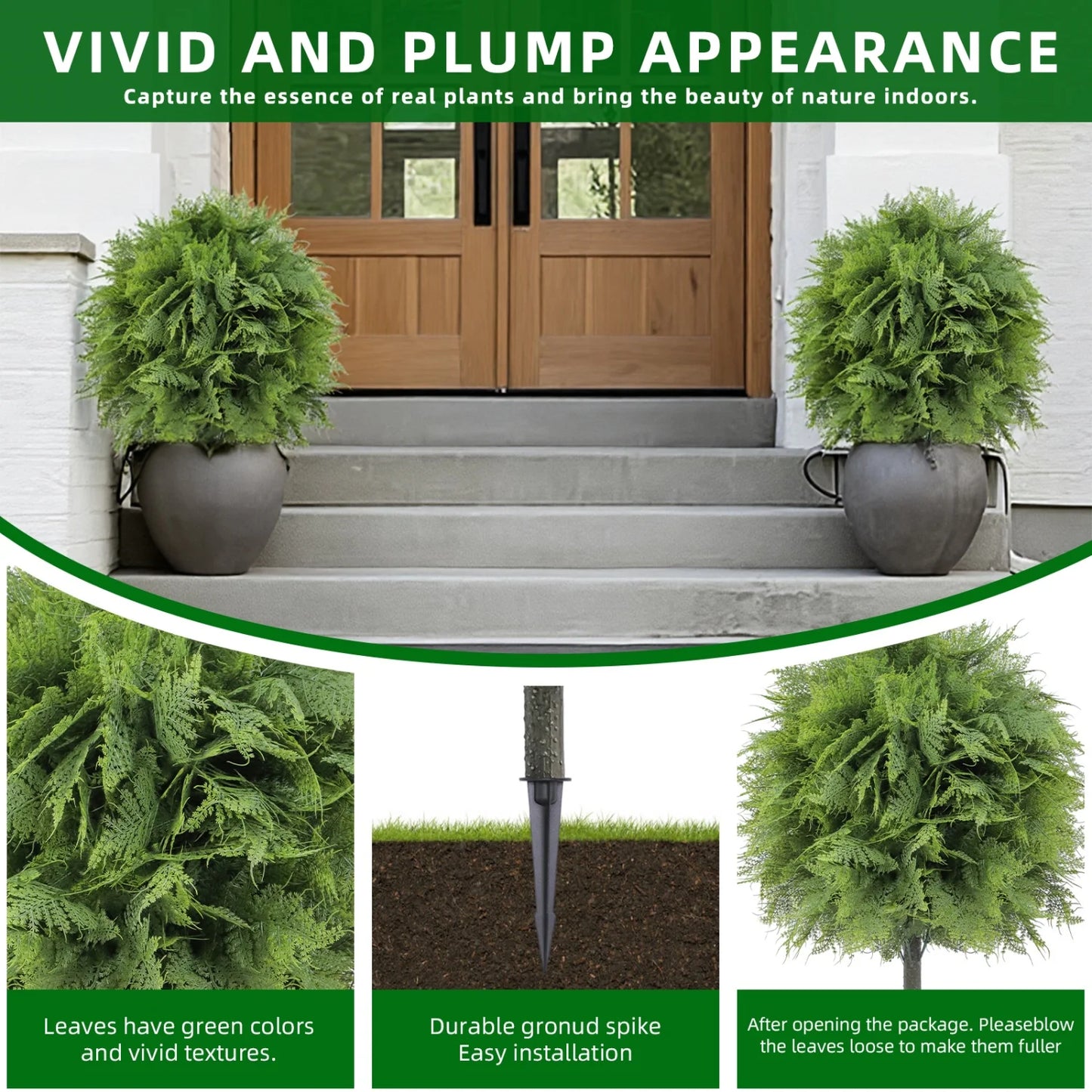 2 Pcs Artificial Fern Topiary Trees, Fake Ball Plants with Ground Stakes, UV Resistant Faux Greenery for Patio Garden Home Decor