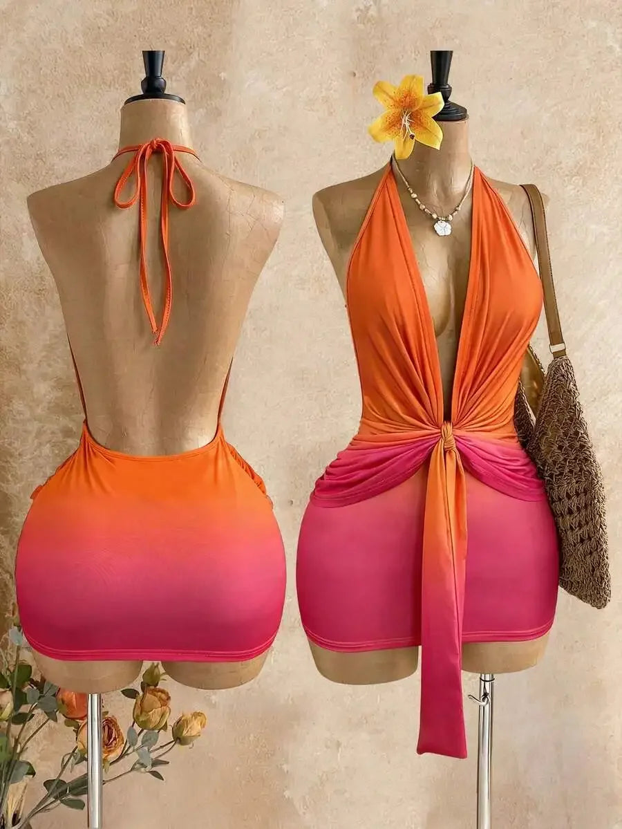 Womens Ombre Gradient Deep V-Neck Halter Mini Dress Beach Club Outfit Summer
