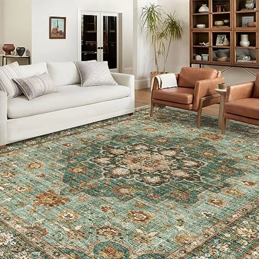 Washable Oriental area rug for living room and bedroom use, green cotton-blend with floral distressed pattern, waterproof, stai