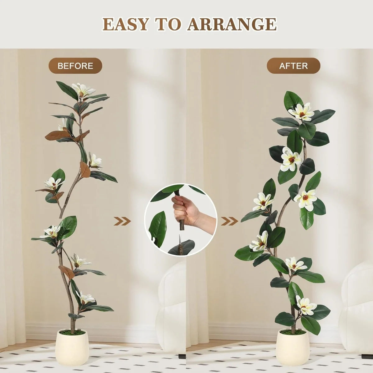 5/6/7 FT Artificial Tree in Planter Pot,Faux Plants Indoor Faux Floor Plant Artificial Plants with Magnolia Flowers for Home