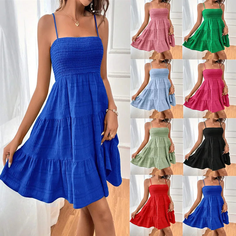 Tiered Swing Mini Dress Casual Floral Women Dress Spaghetti Strap Smocked Bust Ruffled Hem Beach Summer Vacation Outfit