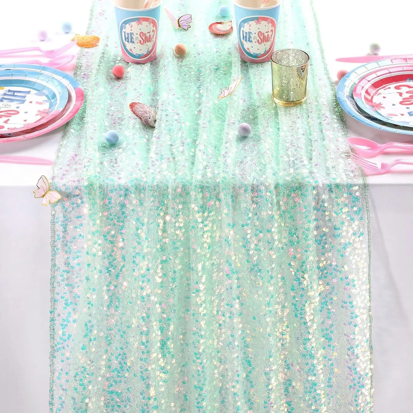 Glitter Iridescent Sequin Table Runner,Soft Wedding Dining Table Decoration For Bridal Baby Shower Girl Birthday Wedding Party