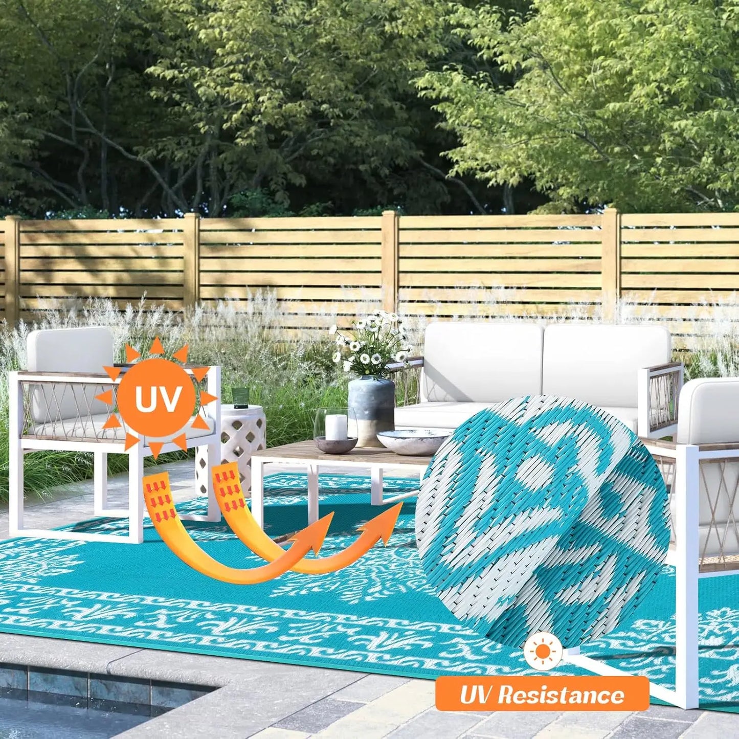 Waterproof Reversible Rug UV Resistant Patio Mat For Outdoor Spaces