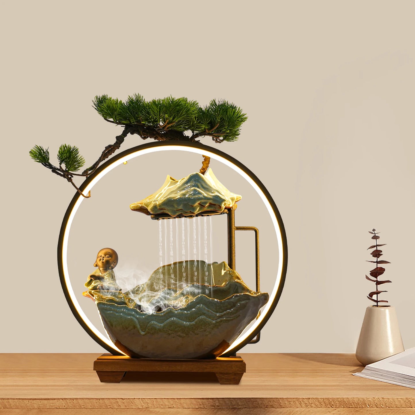 Ceramic Desktop Water Fountain With Poetry And Book Monk Decor