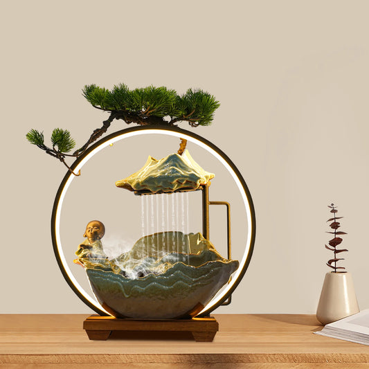 Ceramic Desktop Water Fountain With Poetry And Book Monk Decor