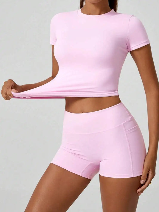 Women's Sweet Sports Short Sleeve High Waist Tummy Control Butt Lifting Shorts Set