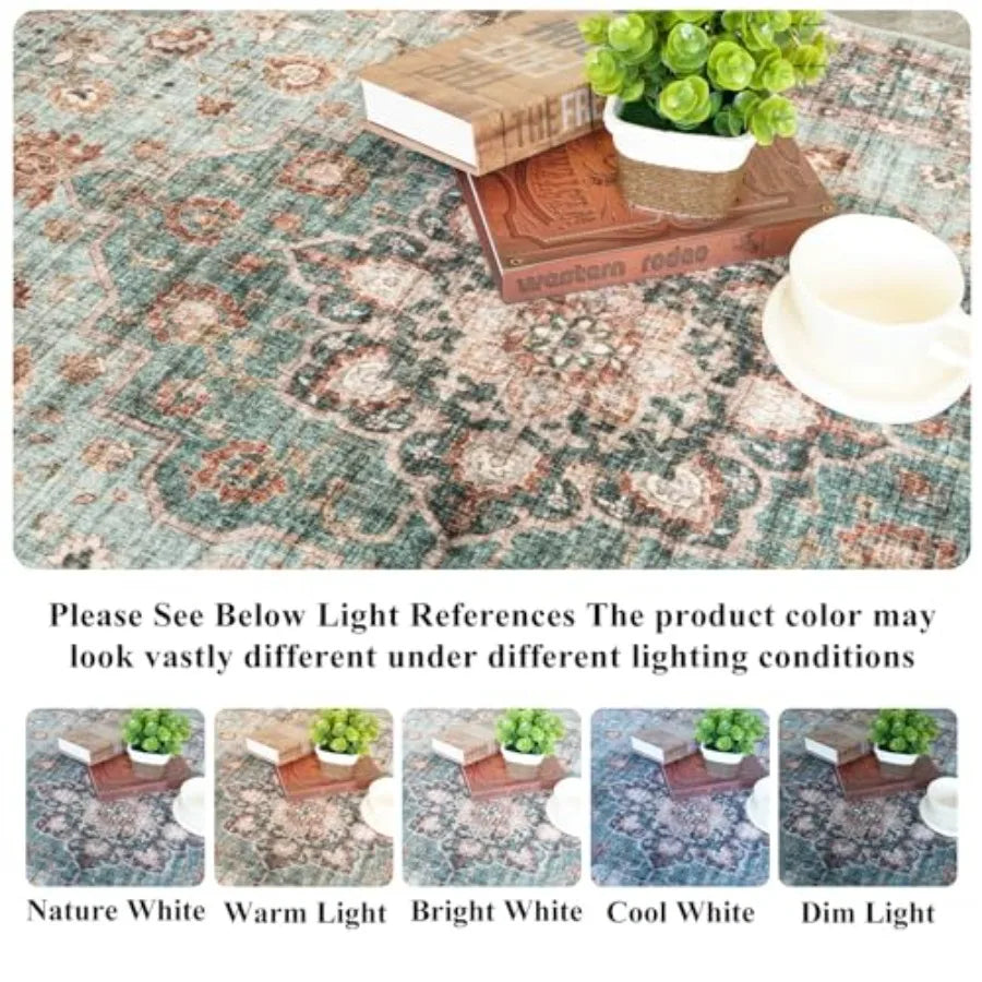 Washable Oriental area rug for living room and bedroom use, green cotton-blend with floral distressed pattern, waterproof, stai