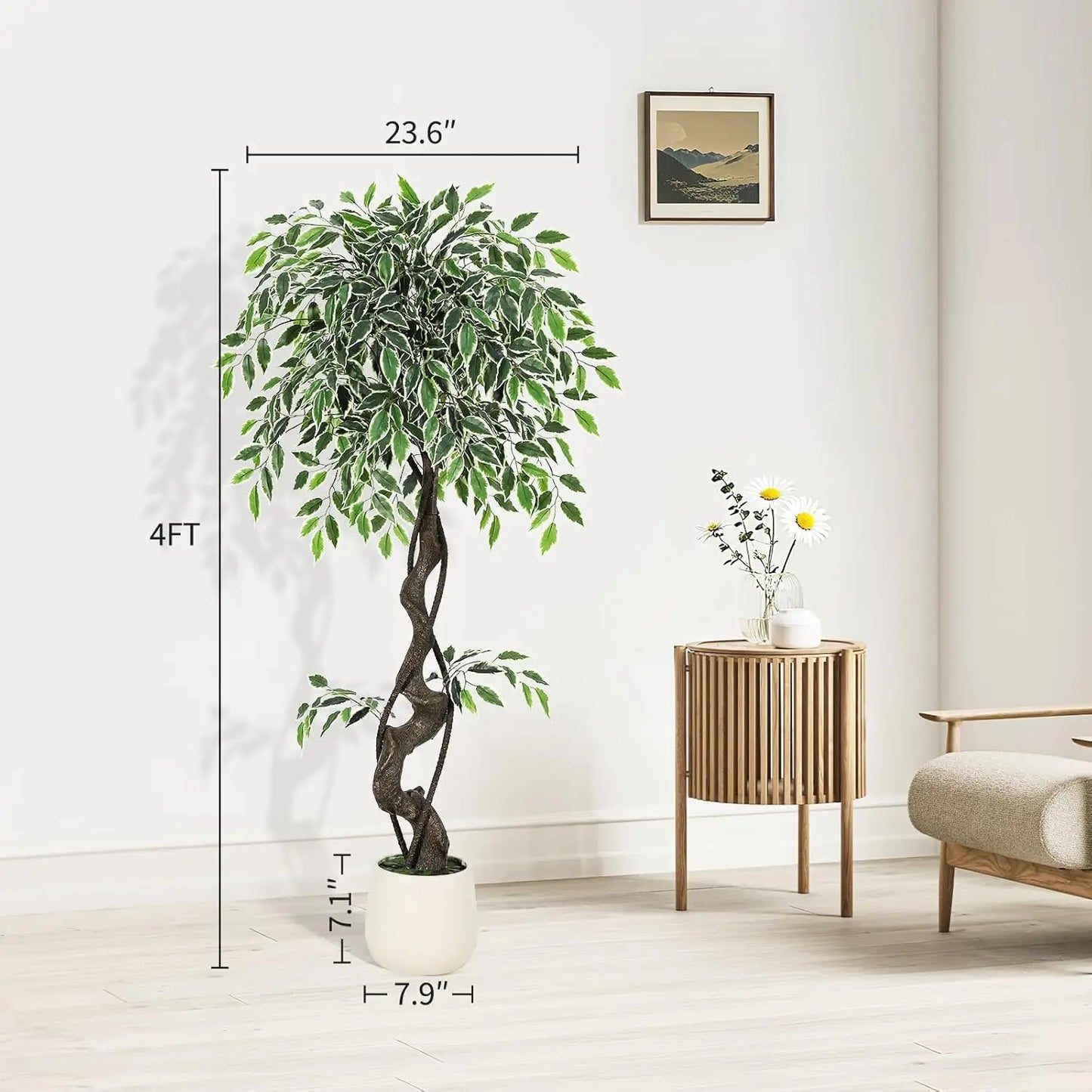 Artificial Ficus Tree Indoor Outdoor Fake Ficus Tree with Pebbles & Green Fake Moss, Pot Faux Tree for Office Home Decor