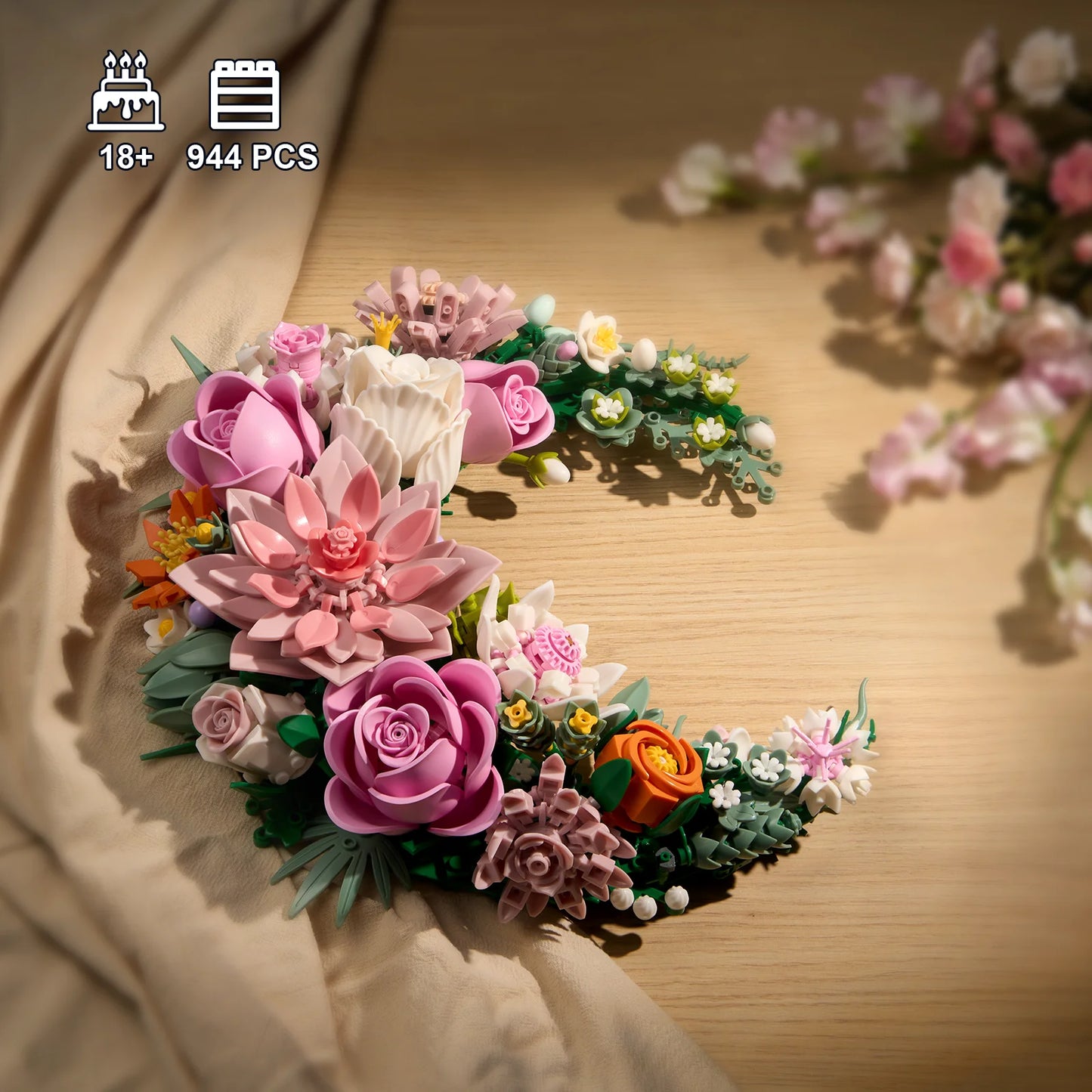 Crescent Floral Moon Building Blocks Set Artificial Botanical Flower Home Wall Room Decoration Office Decor Collection Gifts for Adults Women