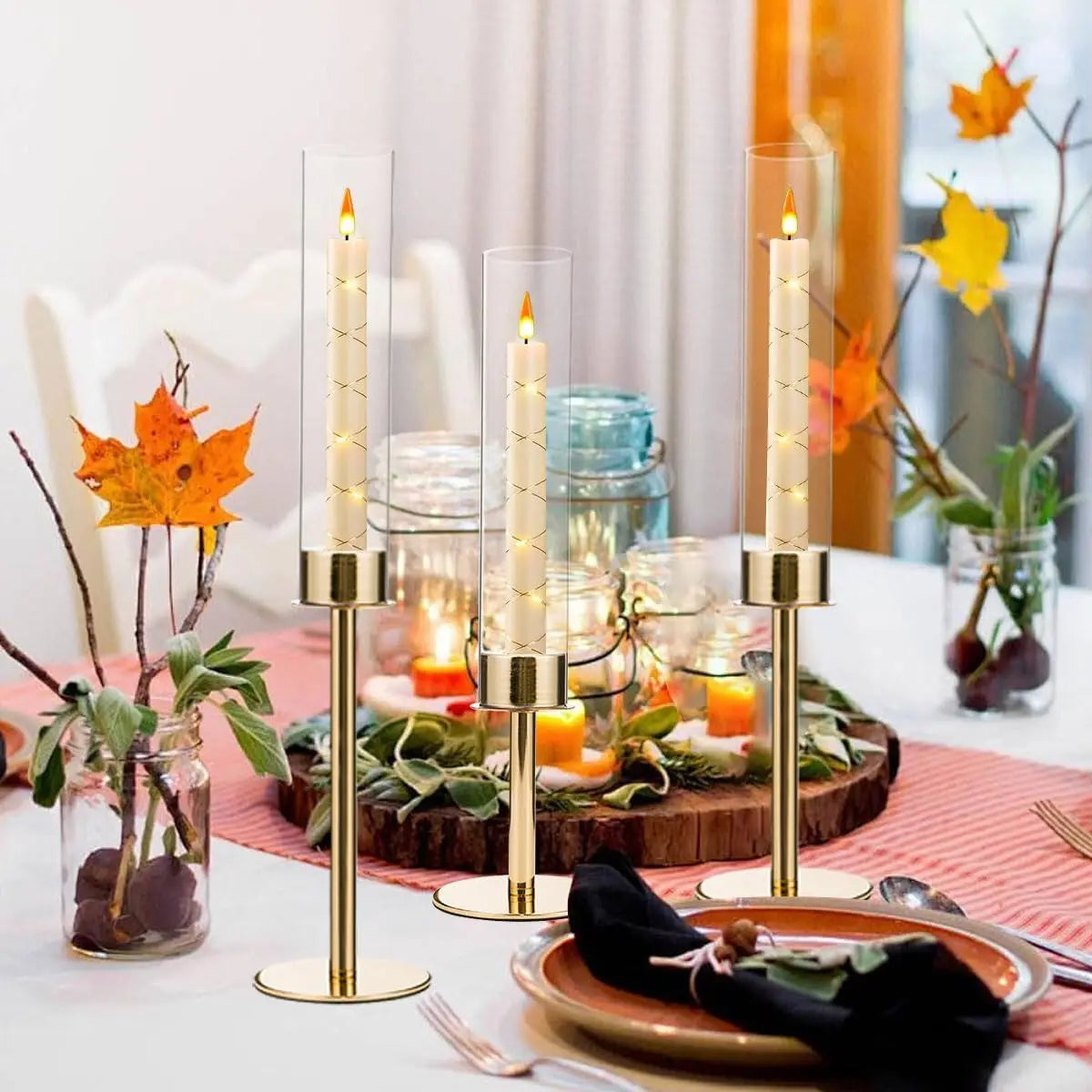 12PCS Gold Candle Sticks Holder in Bulk for Table Centerpiece Metal Candelabra with Acrylic lampshade for Wedding Christmas