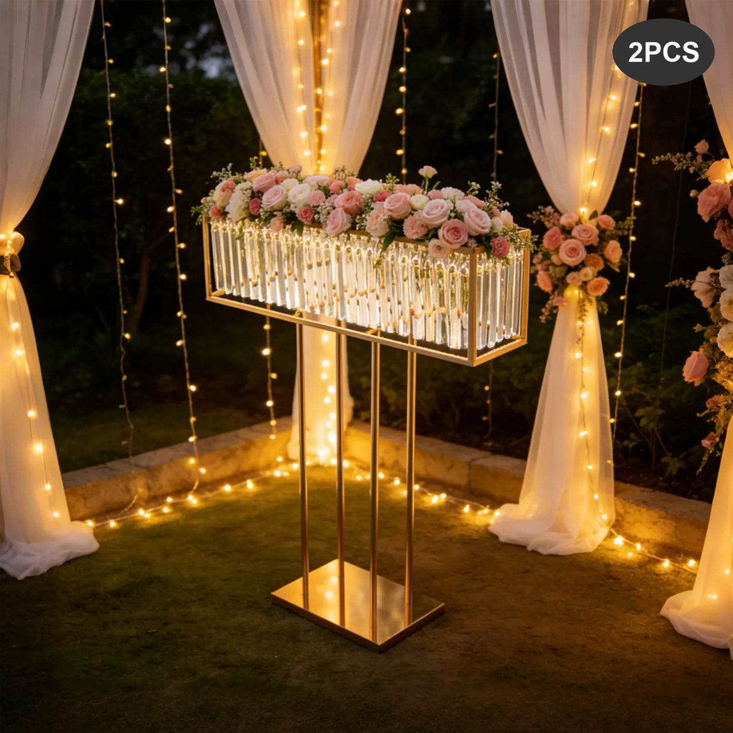 （Sold Out) 2pcs Tall Golden DIY Iron Frame Crystal Flower Stand for Wedding Centerpiece Luxury Event Sturdy Base Anti-tip Crystal Flower Display Rack Floor Tabletop Flower Holder Banquet Birthday Party Valentine's Day Flora