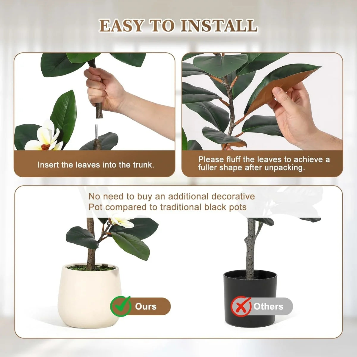 5/6/7 FT Artificial Tree in Planter Pot,Faux Plants Indoor Faux Floor Plant Artificial Plants with Magnolia Flowers for Home