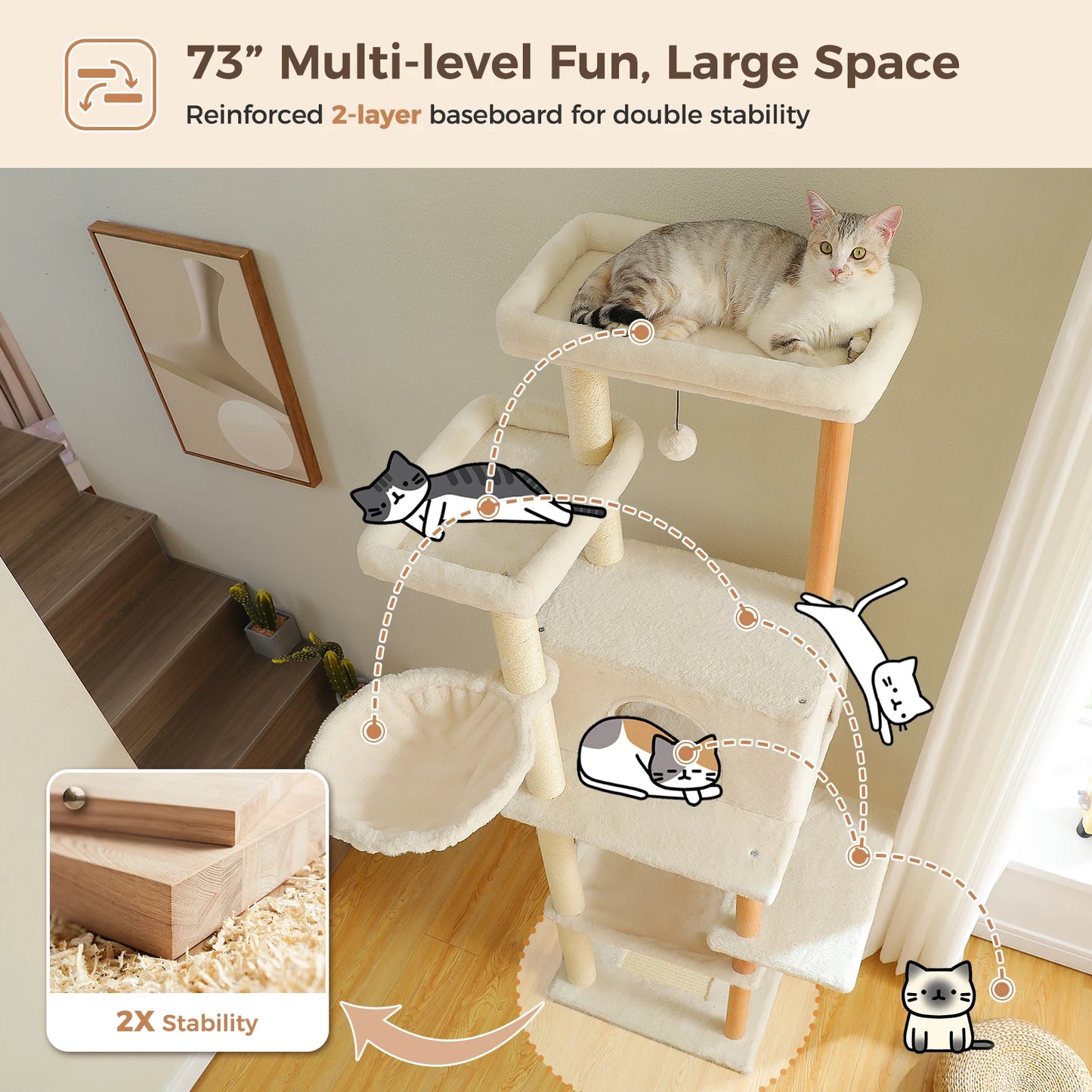 Multi-Level Cat Tree for Indoor Cats Tall Wooden Cat Tower with Sisal Scratching Post Spacious Hammocks Large Cat Condo Cat Toys