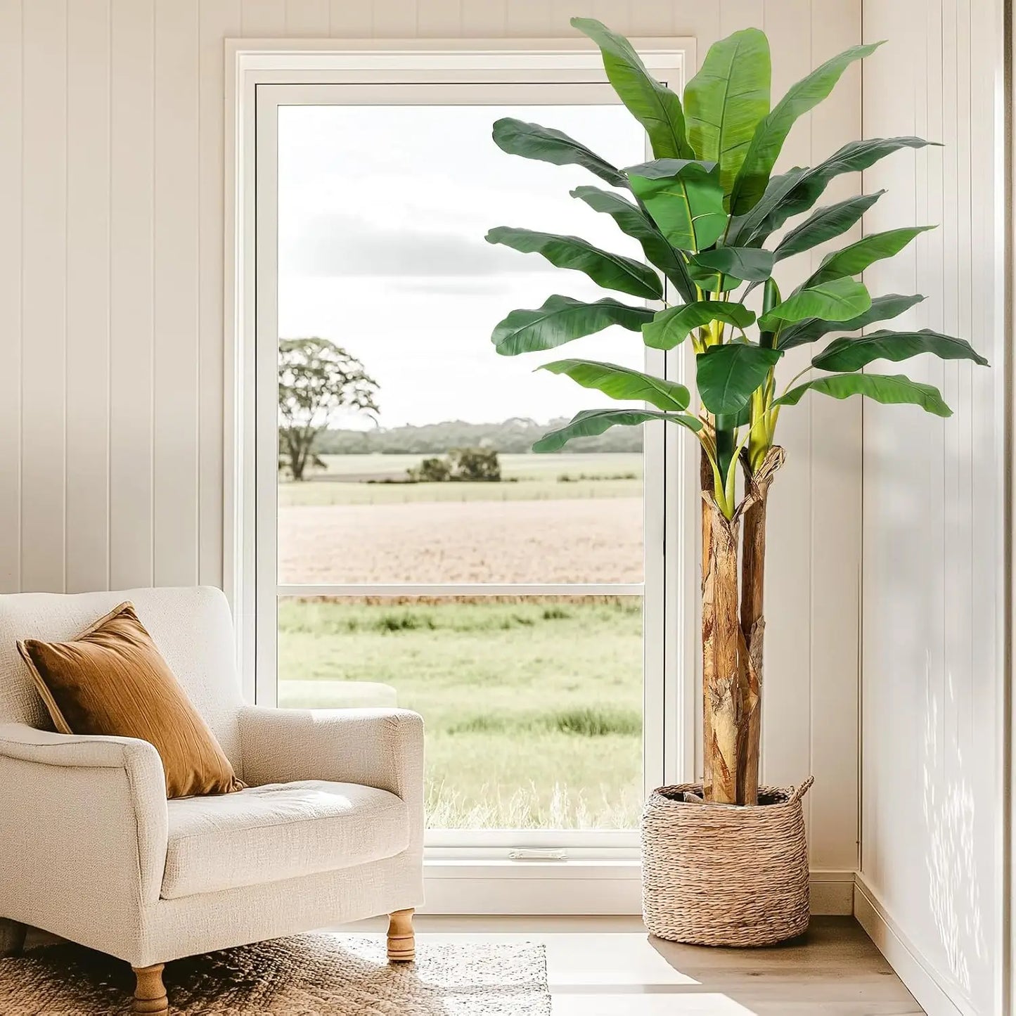 Artificial Banana Tree 7FT/6FT/5FT, Faux Banana Tree with Grey Planter, Artificial Plants with Fake Banana Leaves Plant for Home