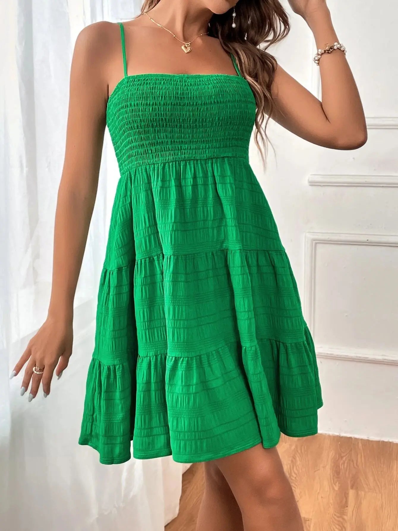 Tiered Swing Mini Dress Casual Floral Women Dress Spaghetti Strap Smocked Bust Ruffled Hem Beach Summer Vacation Outfit