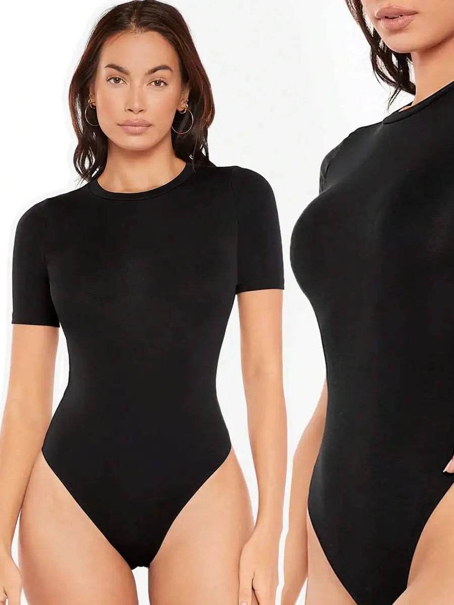 SHEIN BASICS Solid Form Fitted Bodysuit Simple Fashion Daily Casual Summer Outfit For Women