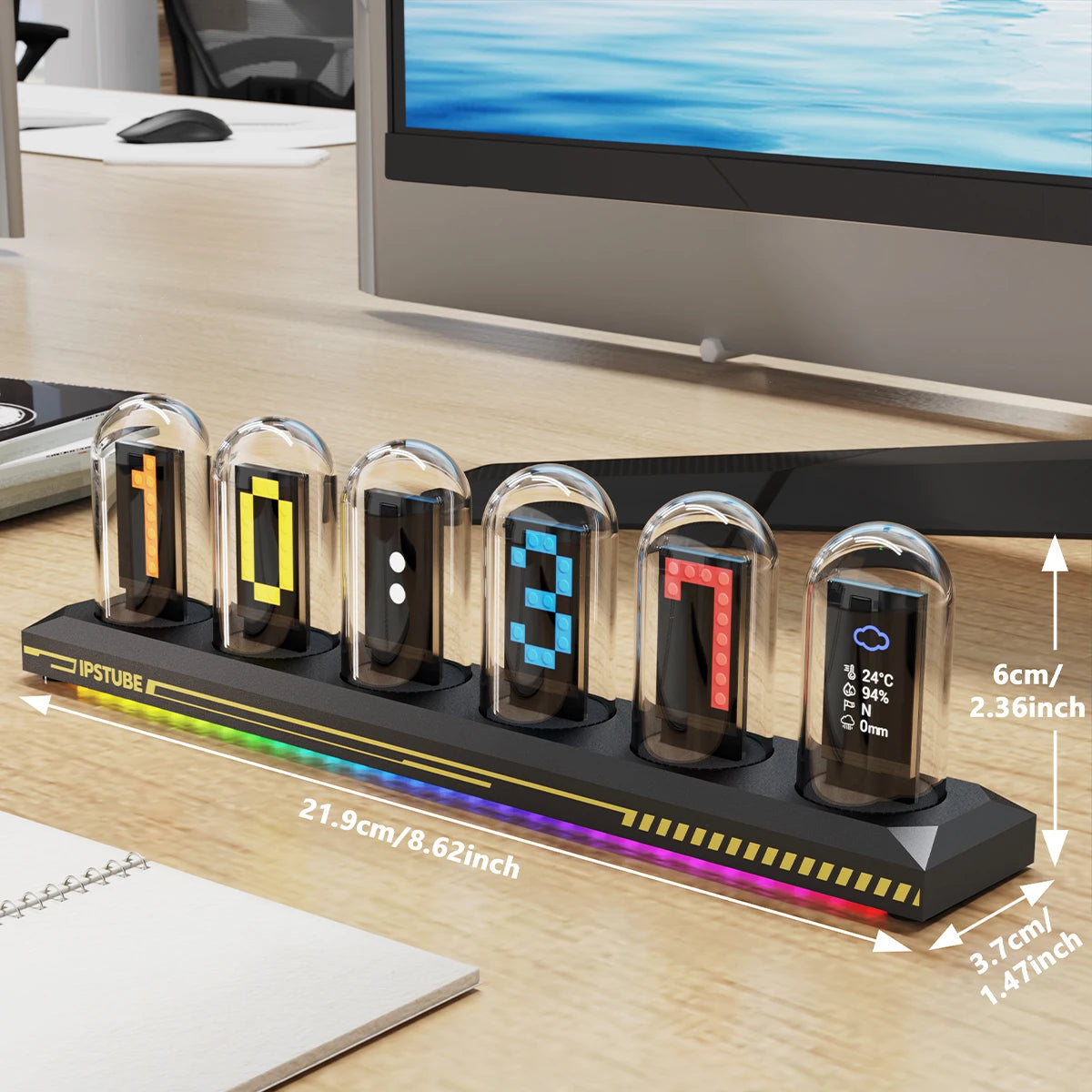 Night Light DIY Nixie Tube Clock Kit Simulation, Digital Clock APP Time Calibration, 3 Light Mode, 12/24h Display IPS