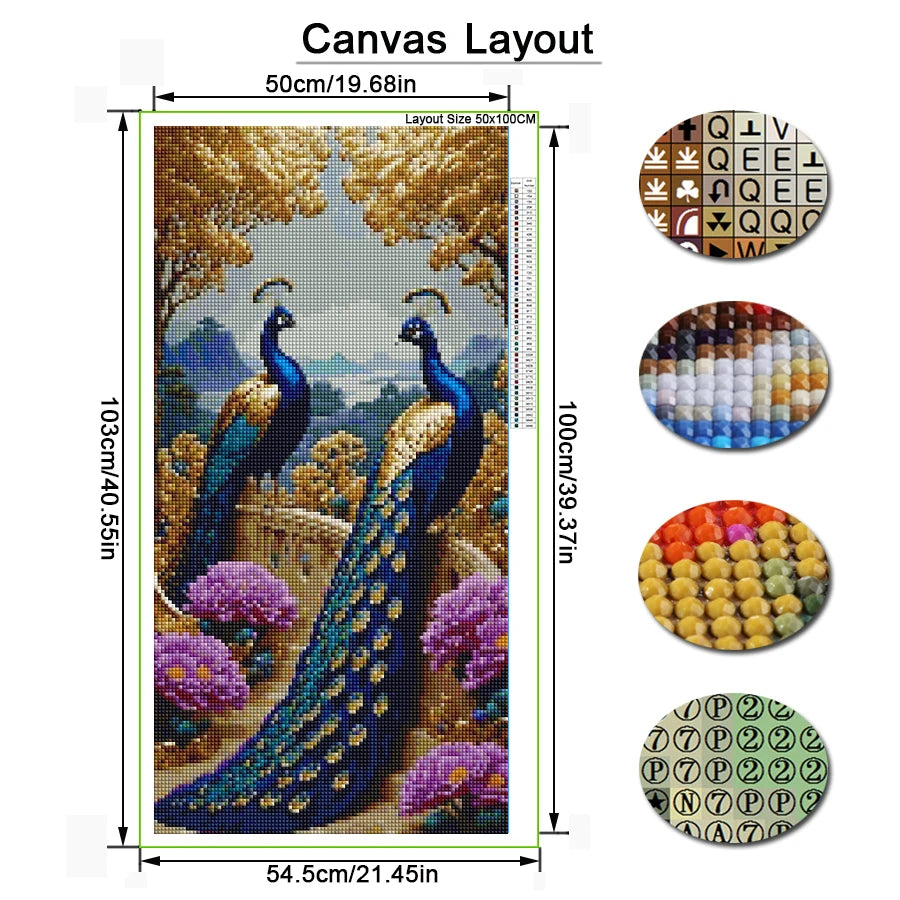 Colorful Peacocks Large Size Diy Diamond Painting Kits New Animal Big Birds Full Drill Mosaic Embroidery Pictures 100x200cm