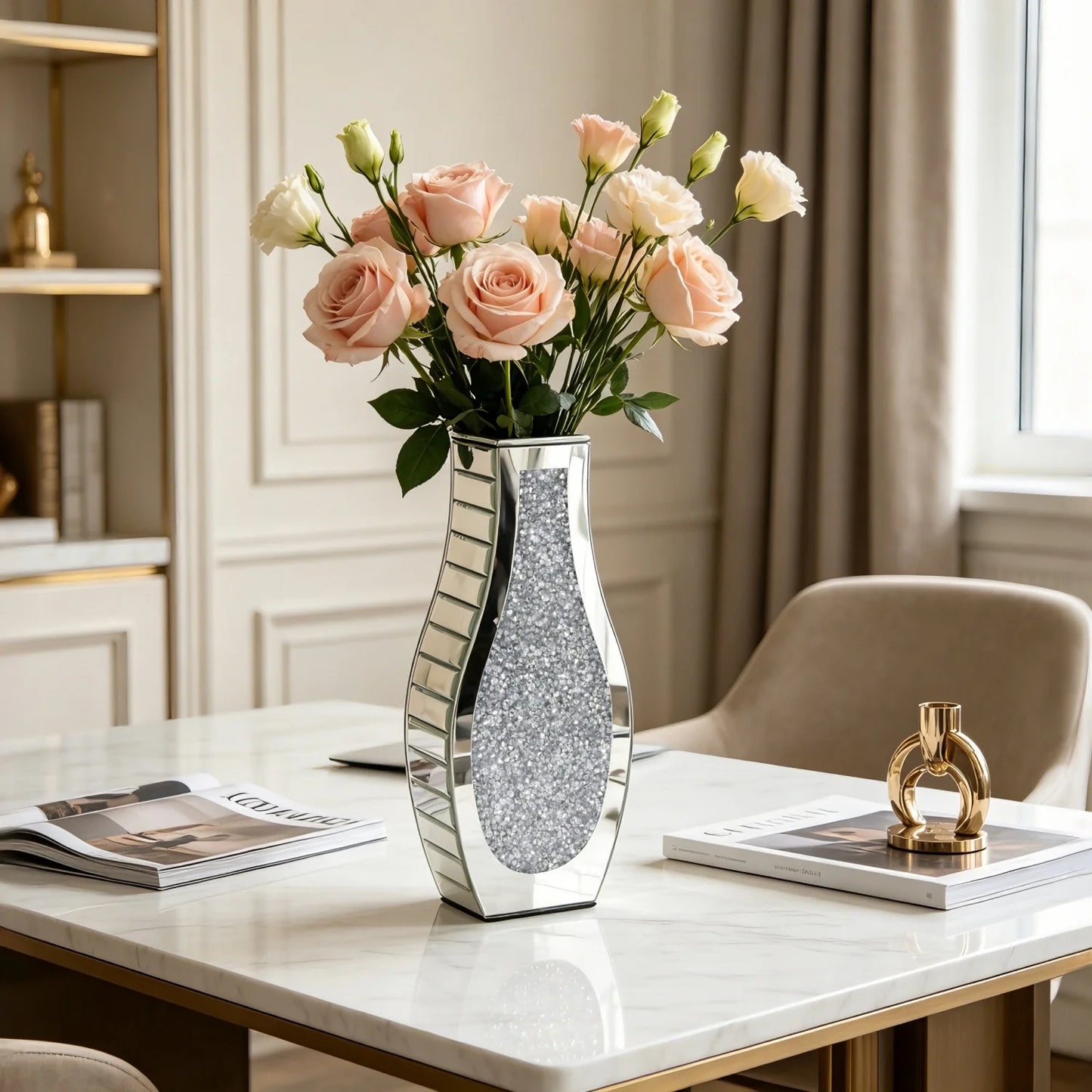 Modern Crushed Diamond Mirrored Flower Vase Glass Table Top Vase Crystal Decorative Mirror Vases Stunning for Home Decor