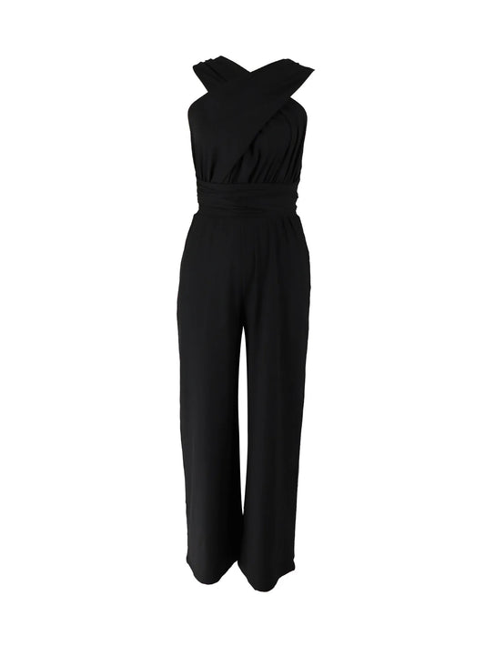 Women's Black Jumpsuit, Deep V Cross Neck, Tie Waist Straight Leg Pants, Elegant Daily Streetwear
