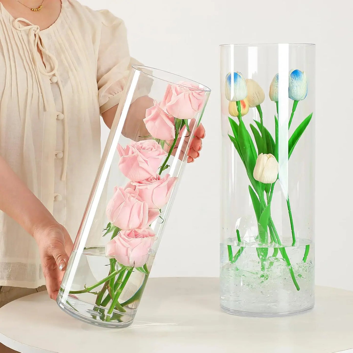 Extra Large Clear Acrylic Cylinder Vase, 20 in Tall Unbreakable Hurricane Flower Vases for Home Decor (3 Sizes + Holder)