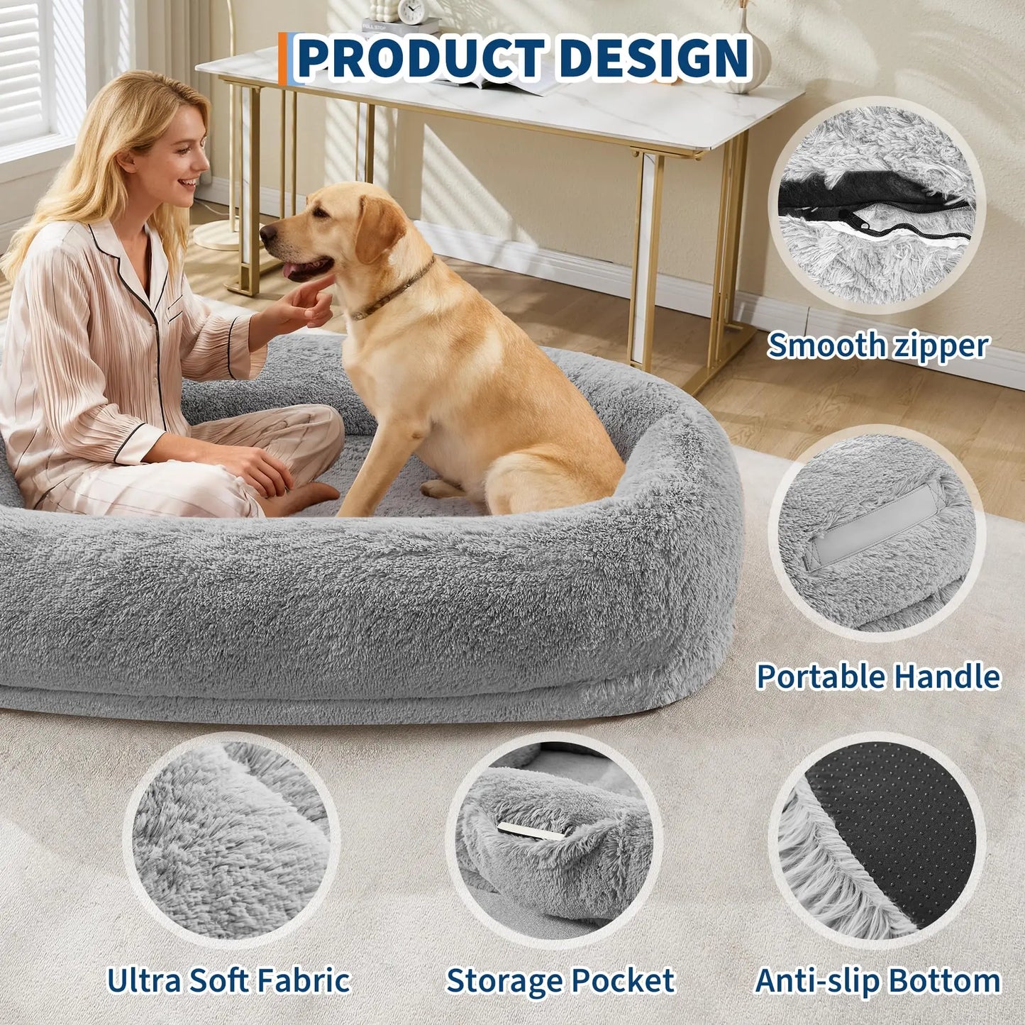 HiMISSCN Giant Orthopedic Faux Fur Human And Pet Dog Bed With Side Pocket