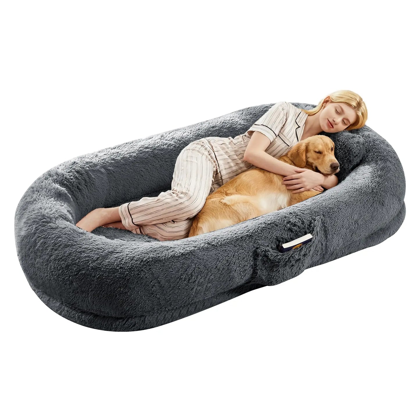 HiMISSCN Giant Orthopedic Faux Fur Human And Pet Dog Bed With Side Pocket