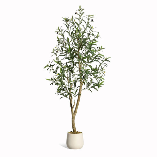 Olive Trees Artificial Indoor, 5-7ft Tall Faux Silk Plant - Fake Potted Tree with White Planter, Artificial Plants for Home Offi