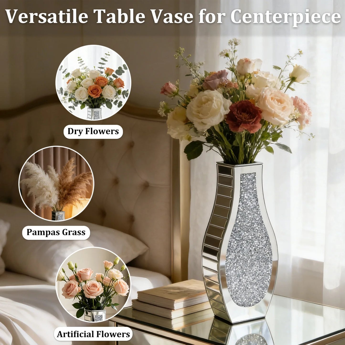 Modern Crushed Diamond Mirrored Flower Vase Glass Table Top Vase Crystal Decorative Mirror Vases Stunning for Home Decor