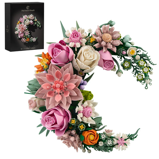 Crescent Floral Moon Building Blocks Set Artificial Botanical Flower Home Wall Room Decoration Office Decor Collection Gifts for Adults Women