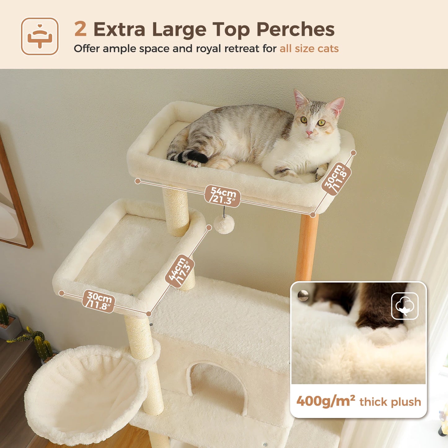 Multi-Level Cat Tree for Indoor Cats Tall Wooden Cat Tower with Sisal Scratching Post Spacious Hammocks Large Cat Condo Cat Toys