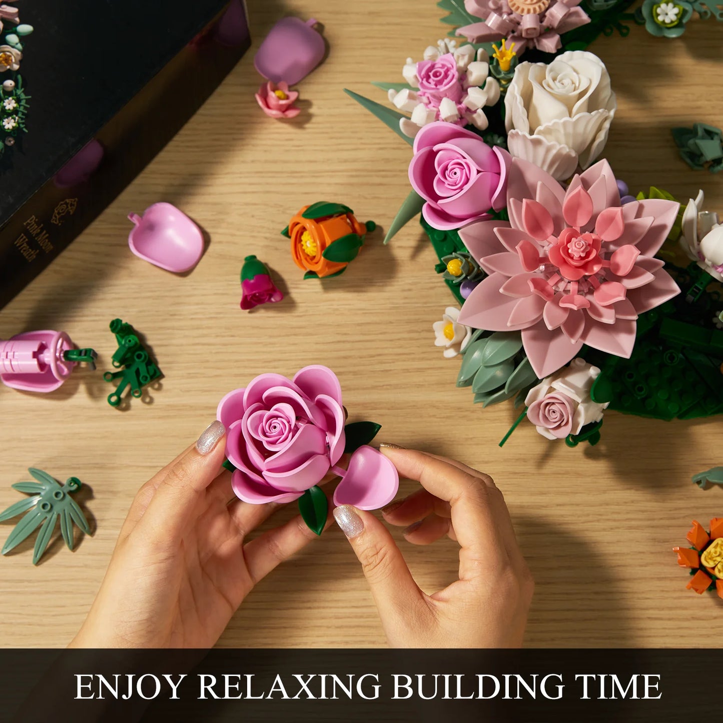 Crescent Floral Moon Building Blocks Set Artificial Botanical Flower Home Wall Room Decoration Office Decor Collection Gifts for Adults Women