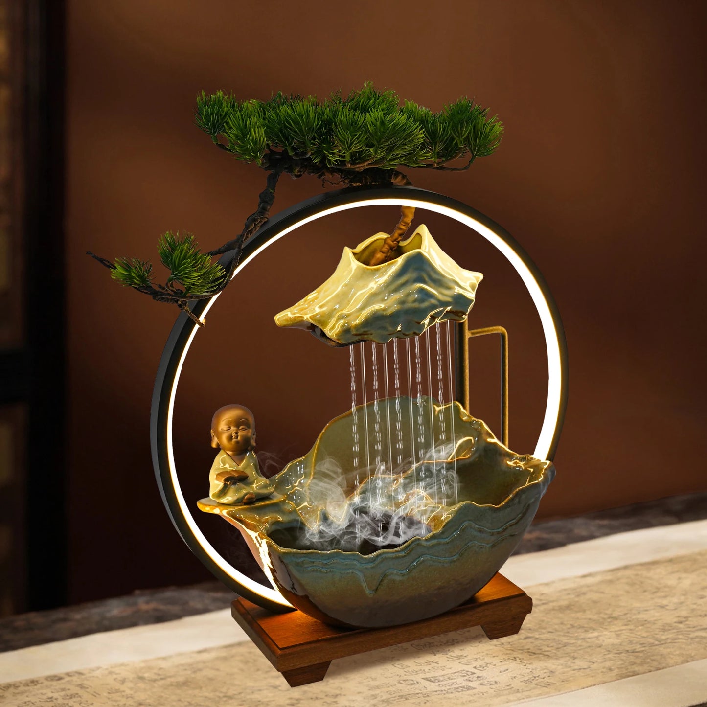 Ceramic Desktop Water Fountain With Poetry And Book Monk Decor