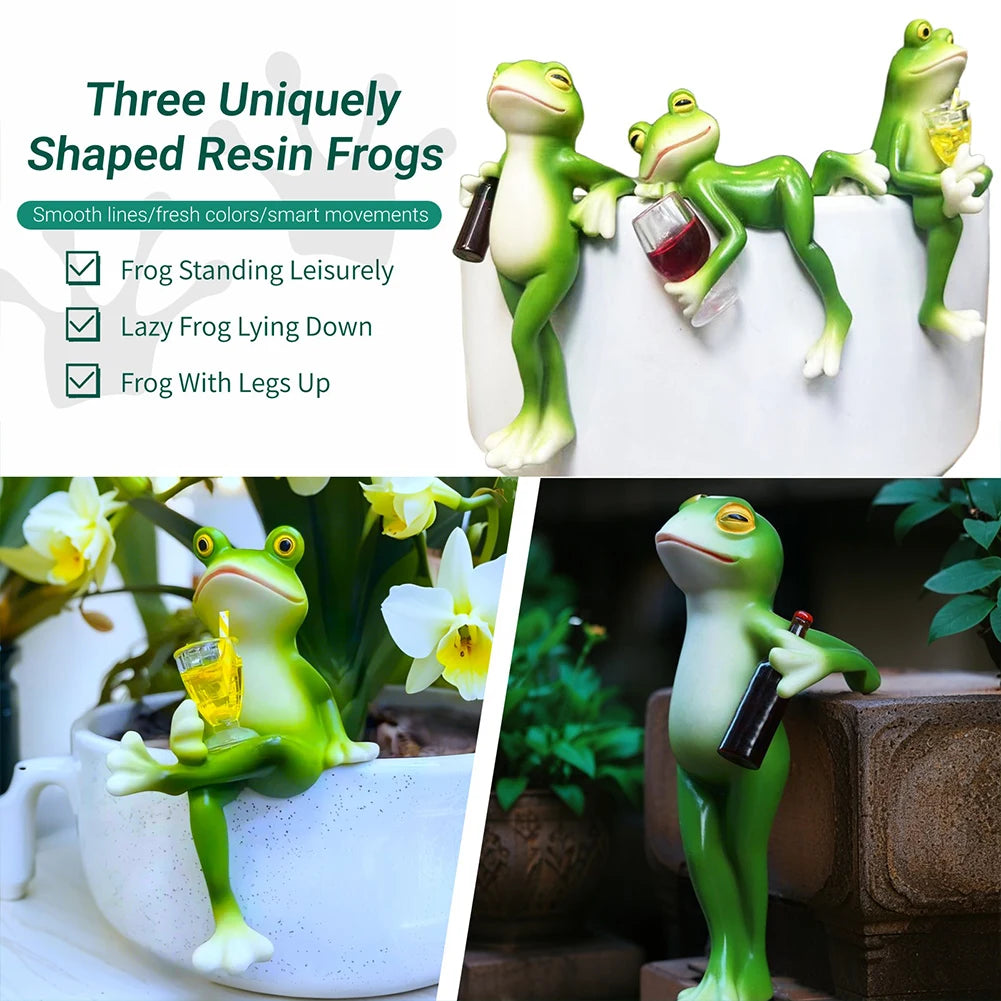 Funny Drinking Frog Statue Flower Pot Hugger Resin Hanging Frog Figurine Planter Hugger Plant Decorations for Pots