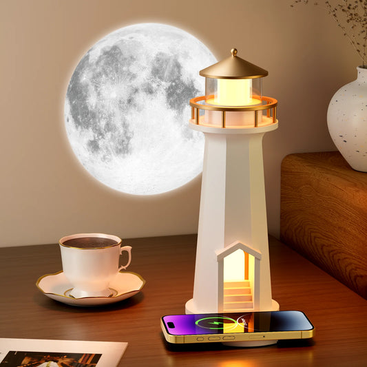 Moon Lighthouse Night Light Bluetooth Speaker Wireless Charger Bedroom Atmosphere Lamp Home Decor Moon Projector Lamp Gift
