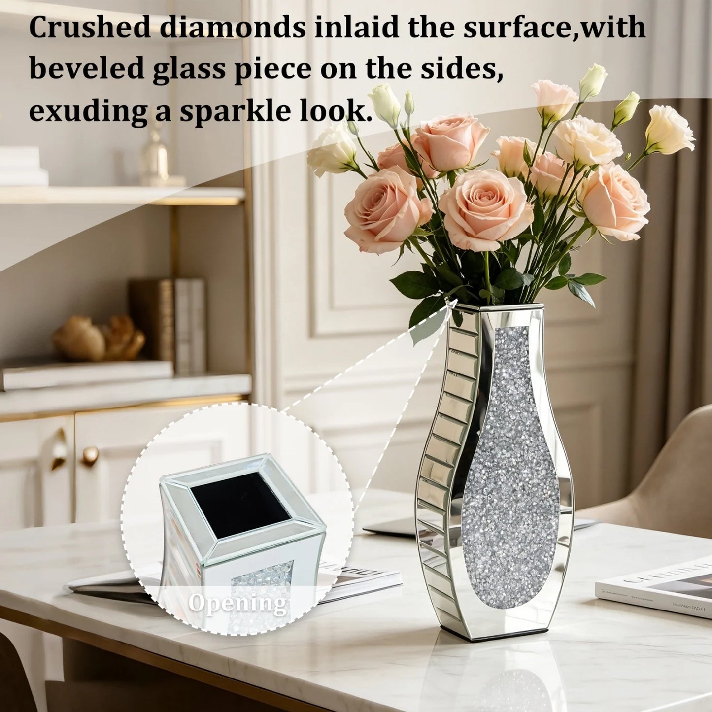 Modern Crushed Diamond Mirrored Flower Vase Glass Table Top Vase Crystal Decorative Mirror Vases Stunning for Home Decor