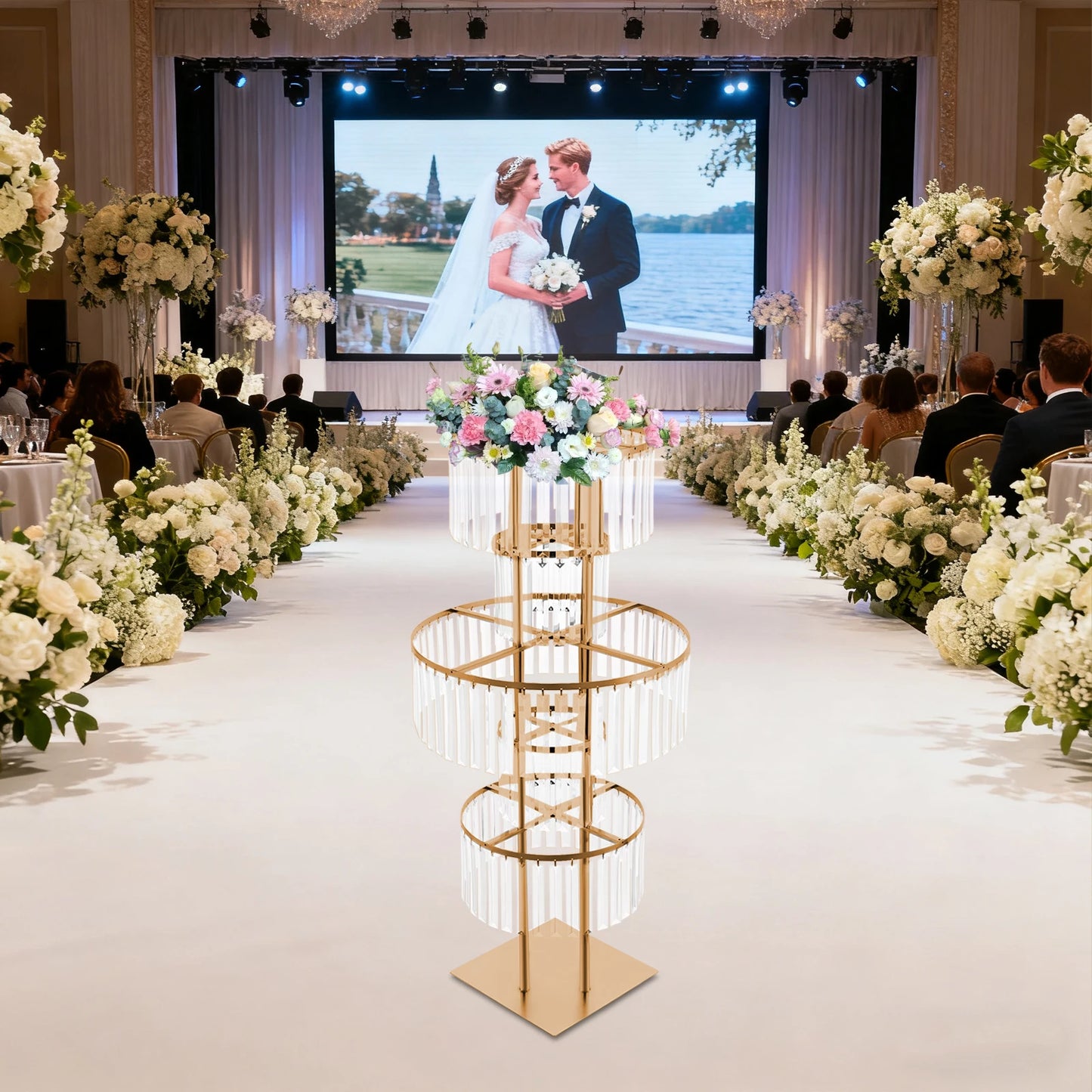 5 Tiers Round Flower Stand 43.3in Height Wedding Centerpieces Flower Stand for Coffee Shop, Hotel, Aisle Road Guide, Golden
