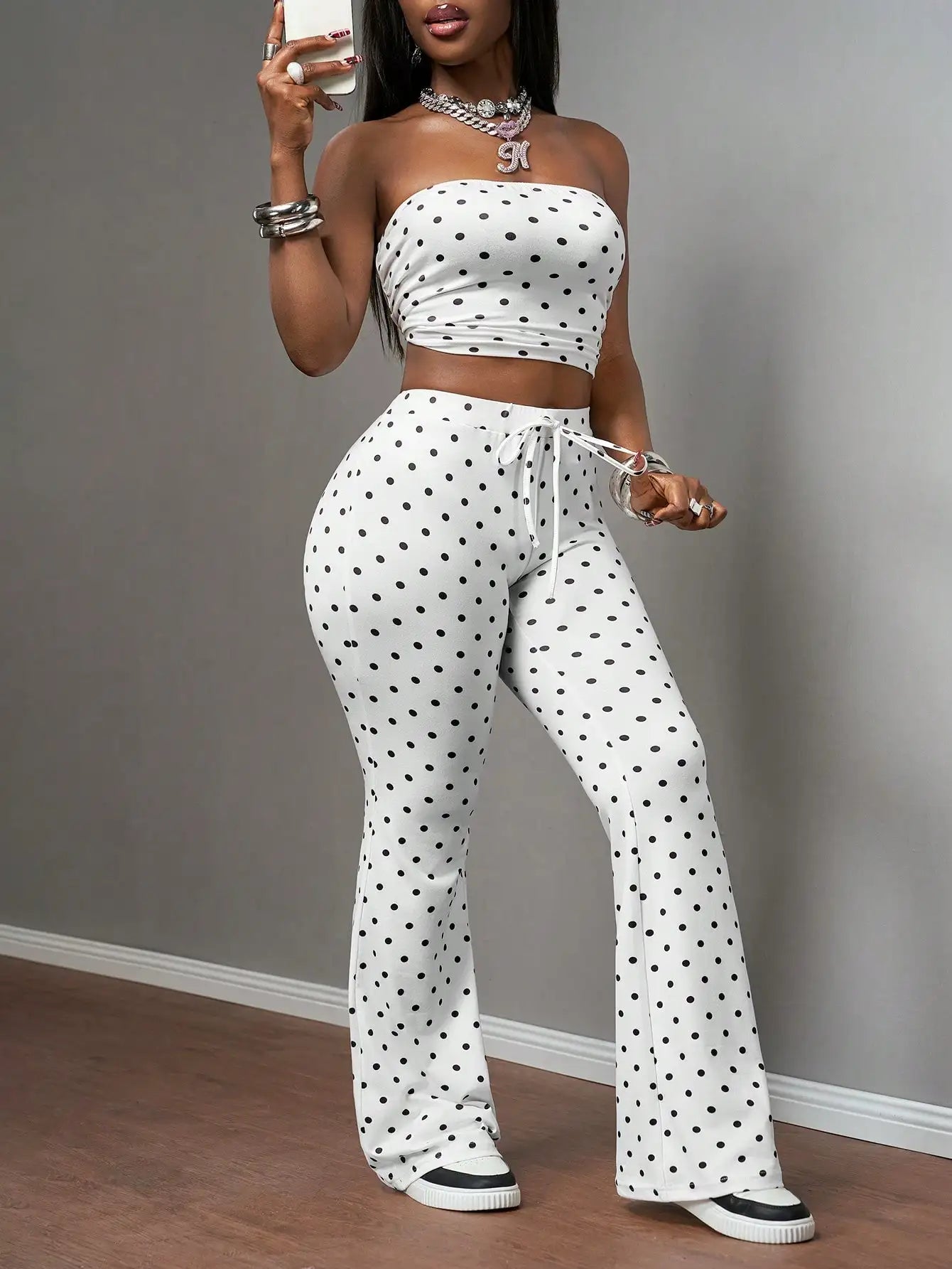 90s Retro White With Black Polka Dots Women Two Pieces Set Summer Vacation Bandeau Top and High Waisted Flared Pant Casual Outfits for Party Club Daily Wear