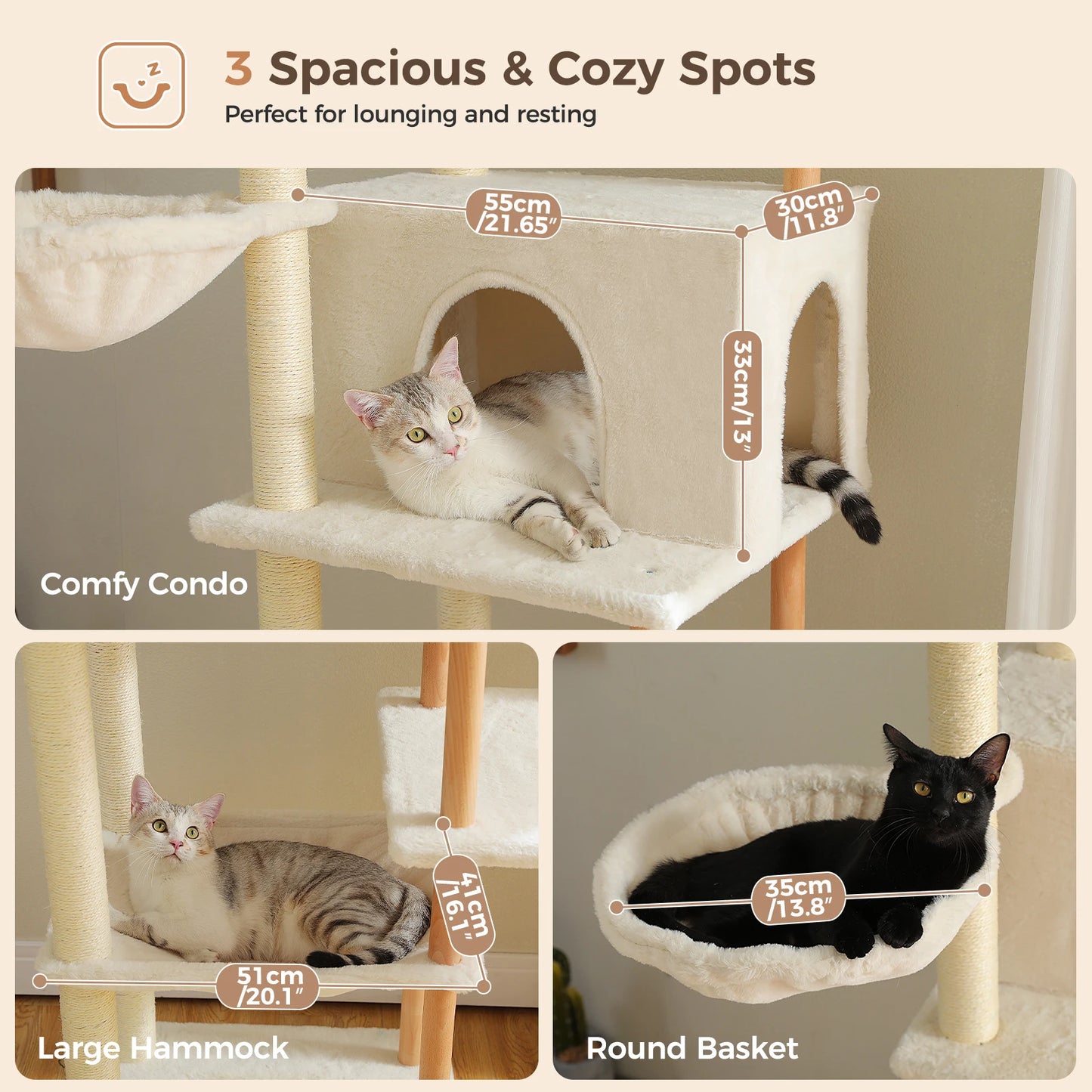 Multi-Level Cat Tree for Indoor Cats Tall Wooden Cat Tower with Sisal Scratching Post Spacious Hammocks Large Cat Condo Cat Toys