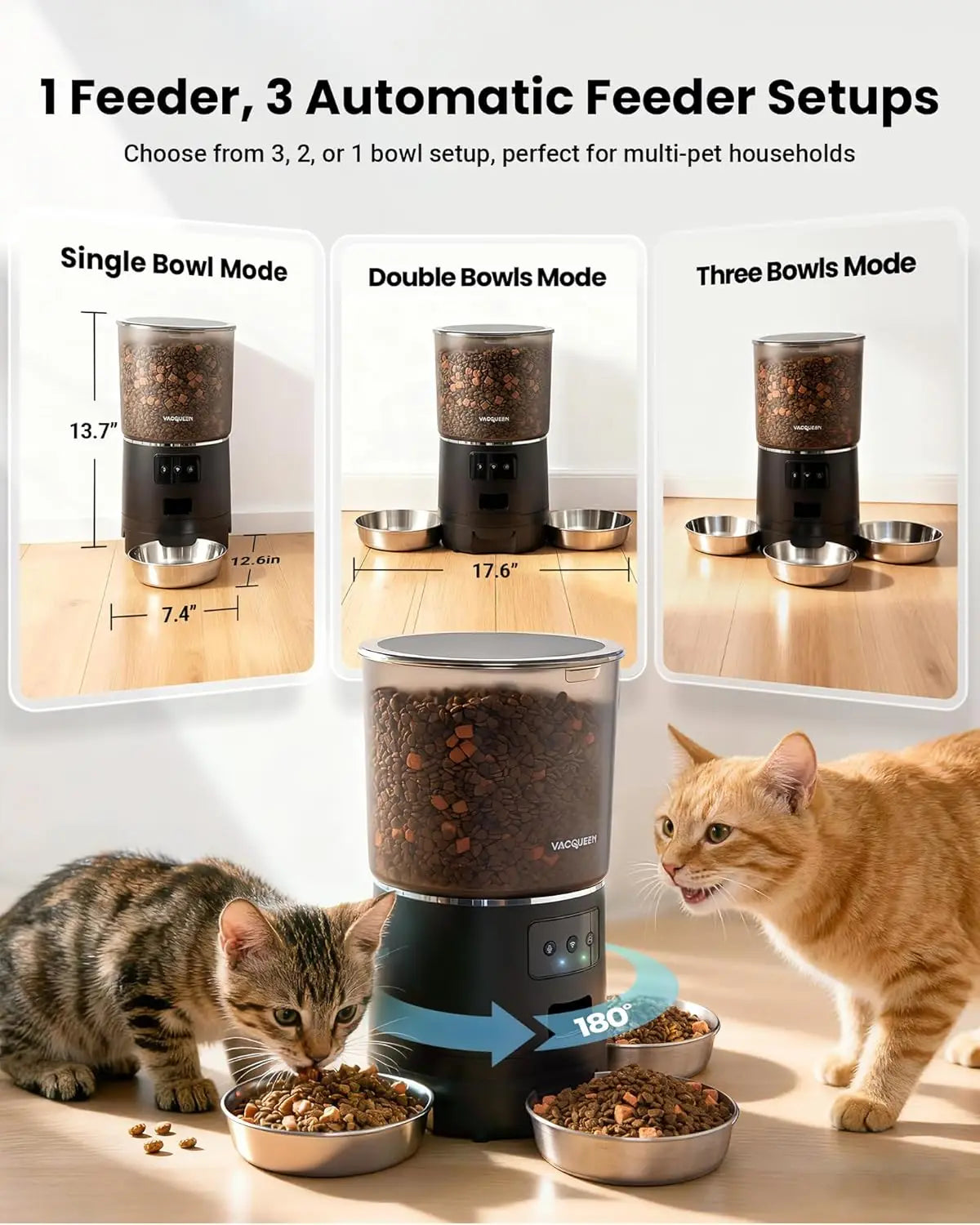 Smart WiFi Pet Feeder for 3 Cats, 6L Anti-Jam Food Dispenser with Desiccant, Automatic Dog Feeder Christmas Gift