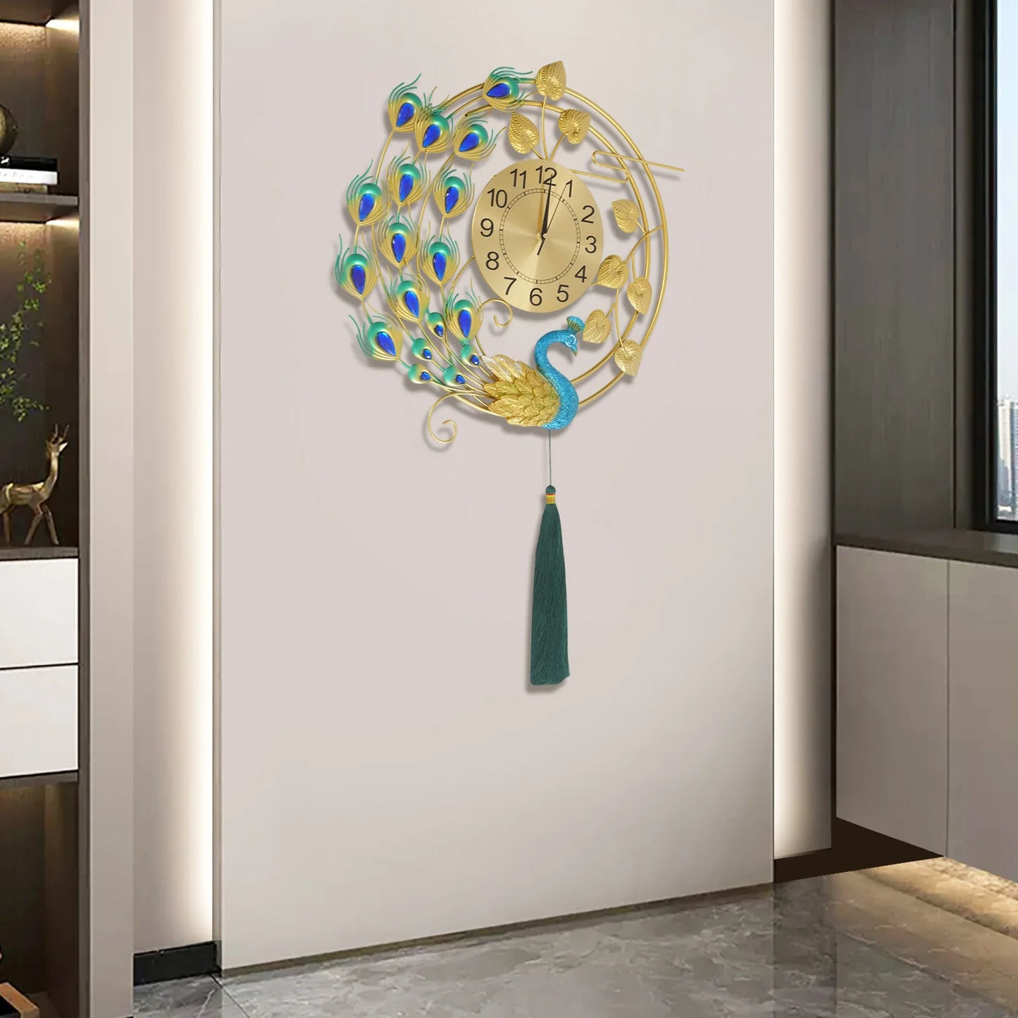 Peacock Metal Wall Clock,Gold Blue Wall-mounted Silent Art Wall Clock 58*100cm for Decoration Bedrooms