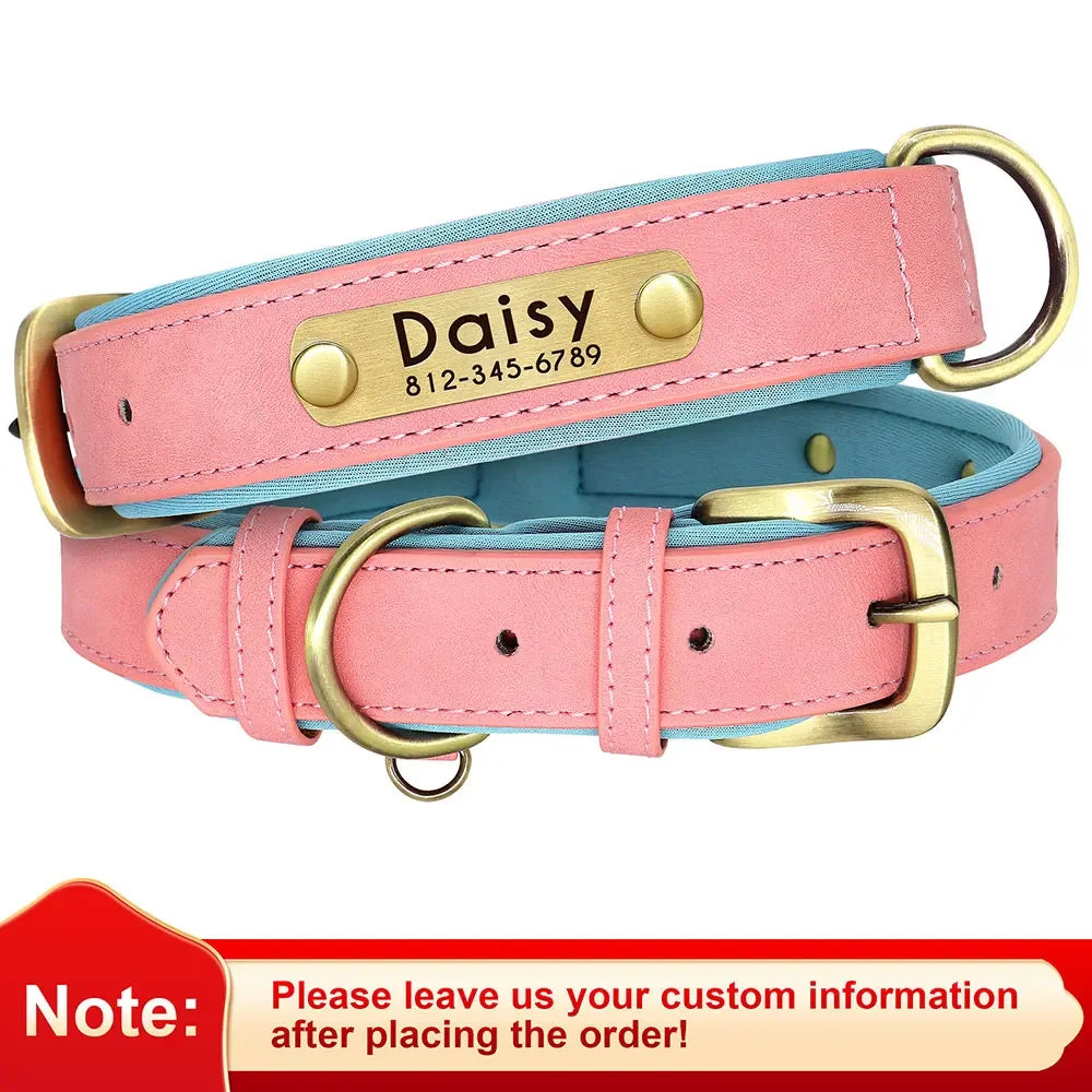 Customized PU Leather Nameplate Dog Collar Soft Padded Dogs Collars Free Engraving Name for Small Medium Large Dogs Adjustable