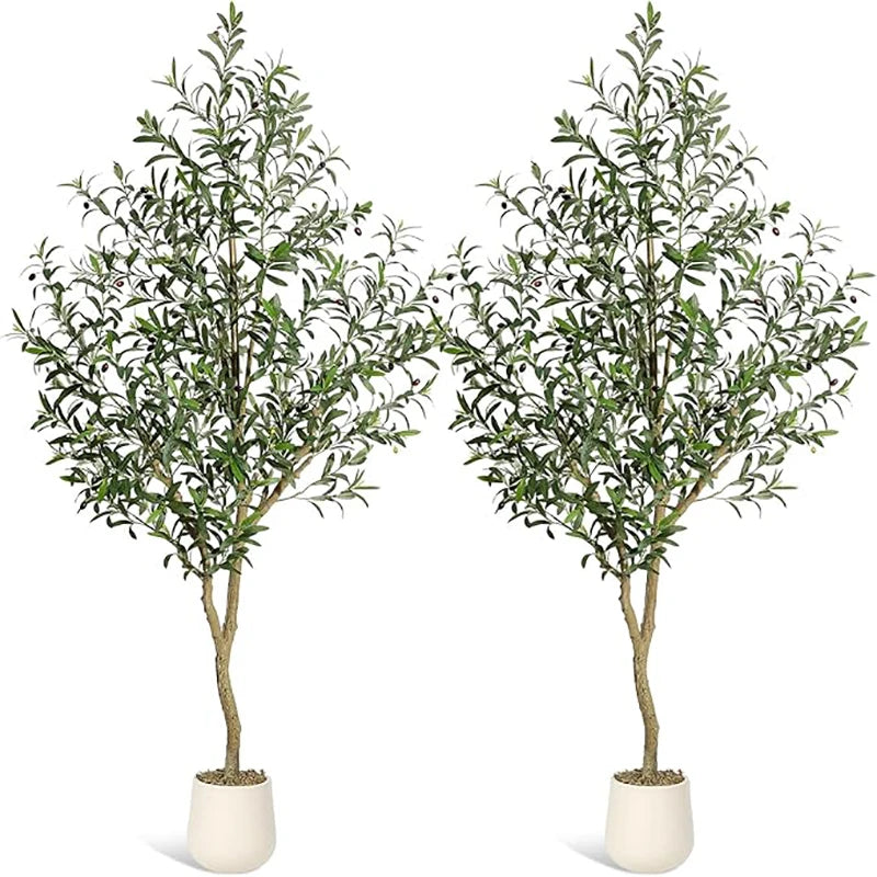 Olive Trees Artificial Indoor, 5-7ft Tall Faux Silk Plant - Fake Potted Tree with White Planter, Artificial Plants for Home Offi