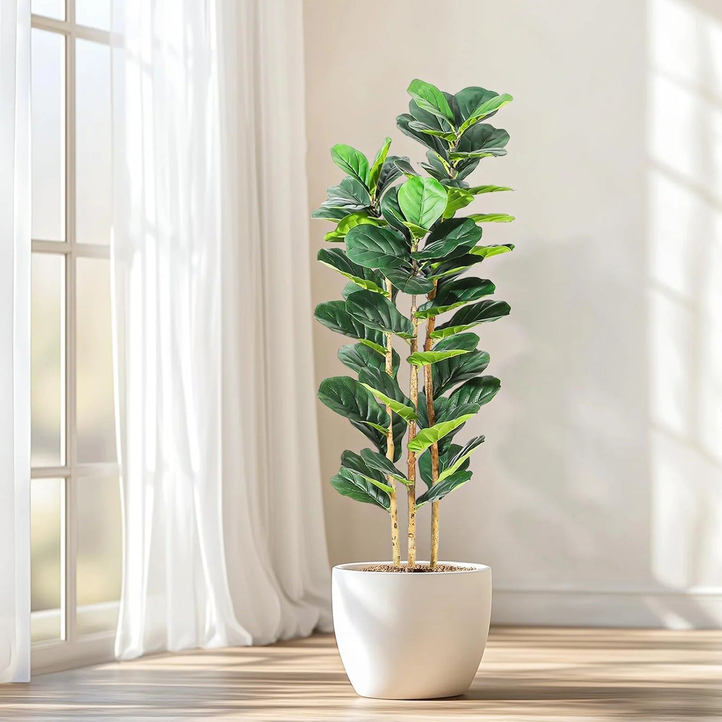 5FT/7FT Artificial Fiddle Leaf Fig Tree With White Planter, Tall Fake Floor Plant Large Faux Indoor Tree For Home Office Decor