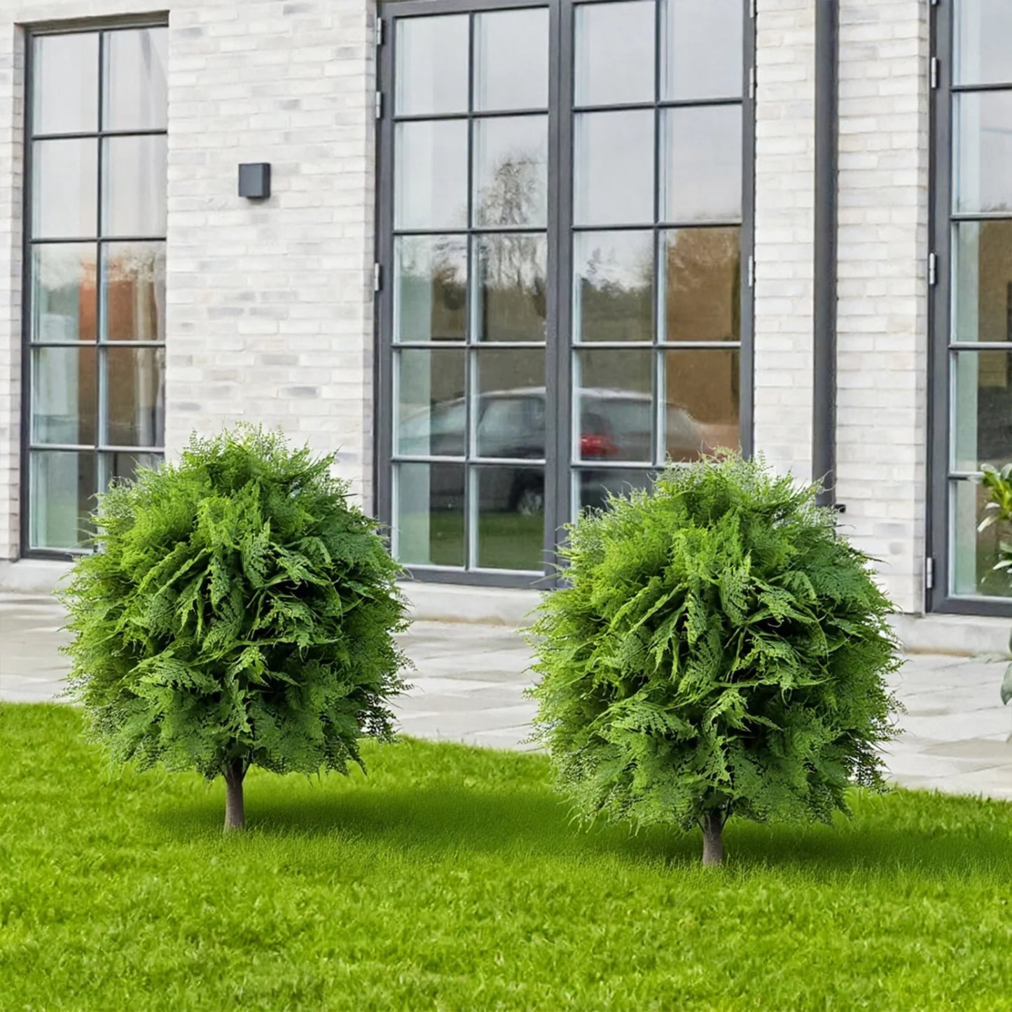 2 Pcs Artificial Fern Topiary Trees, Fake Ball Plants with Ground Stakes, UV Resistant Faux Greenery for Patio Garden Home Decor
