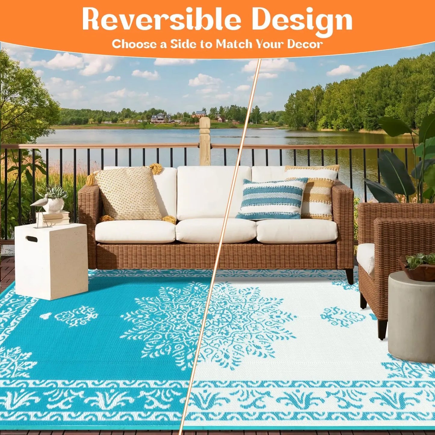 Waterproof Reversible Rug UV Resistant Patio Mat For Outdoor Spaces
