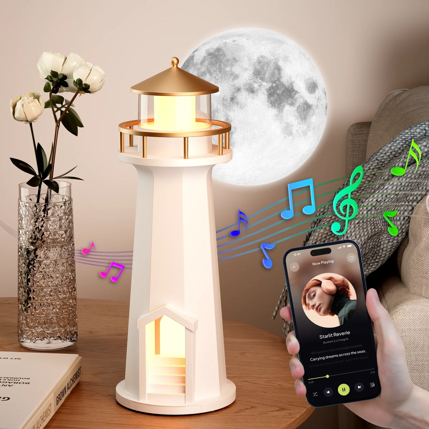 Moon Lighthouse Night Light Bluetooth Speaker Wireless Charger Bedroom Atmosphere Lamp Home Decor Moon Projector Lamp Gift