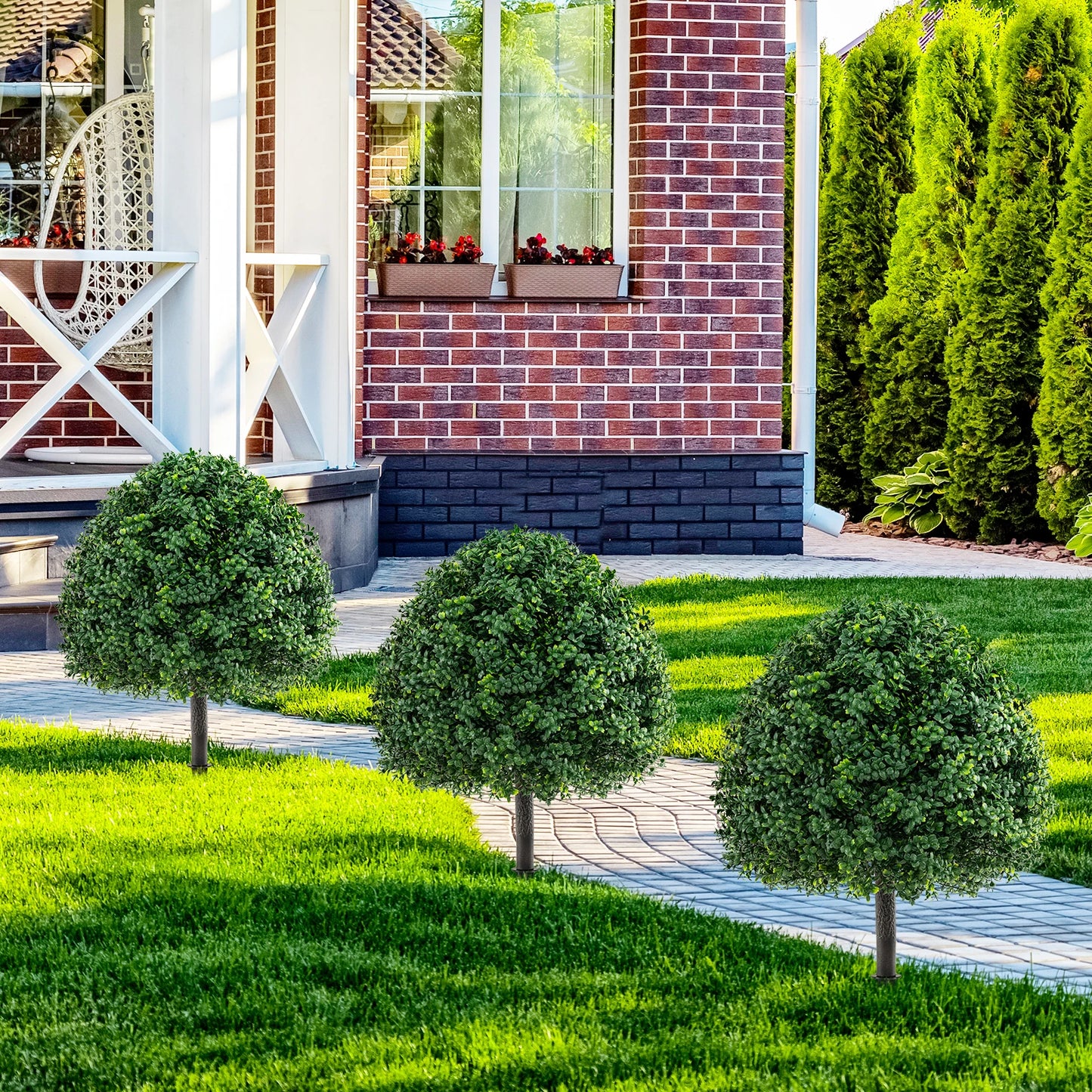 2PCS 28" Artificial Boxwood Topiary Ball Tree Set w/ Ground Spike Sun-Protective