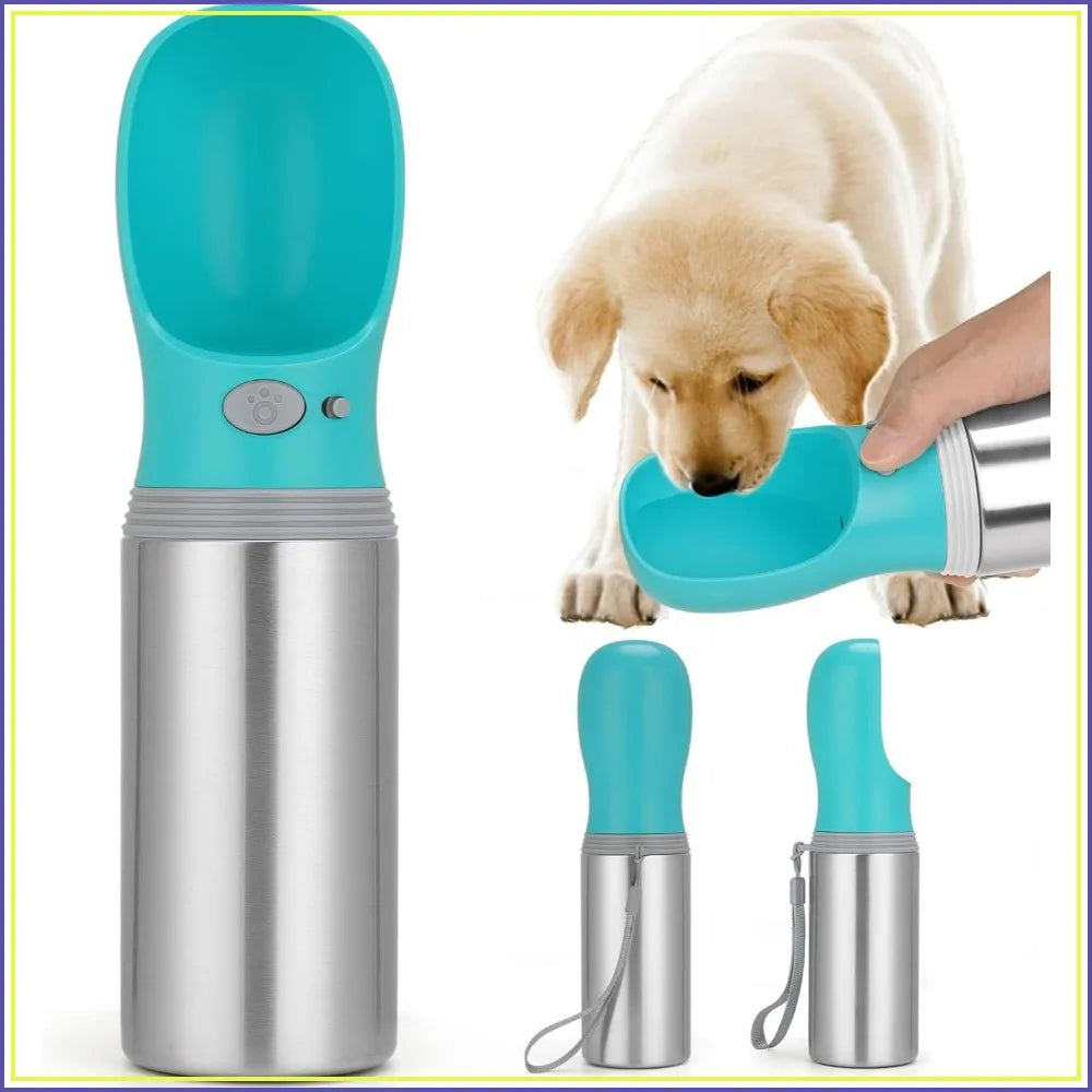 Portable Dog Water Bottle, 14 oz, Stainless Steel Leak Proof Pet Water Dispenser with Drinking Bowl for Travel, Walking, Hiking