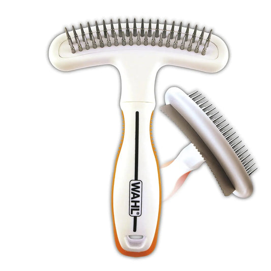 2-in-1 Double Row Pet Rake & Deshedding Blade for Dogs & Cats, Removes Loose Fur, Reduces Shedding, Ergonomic Grip